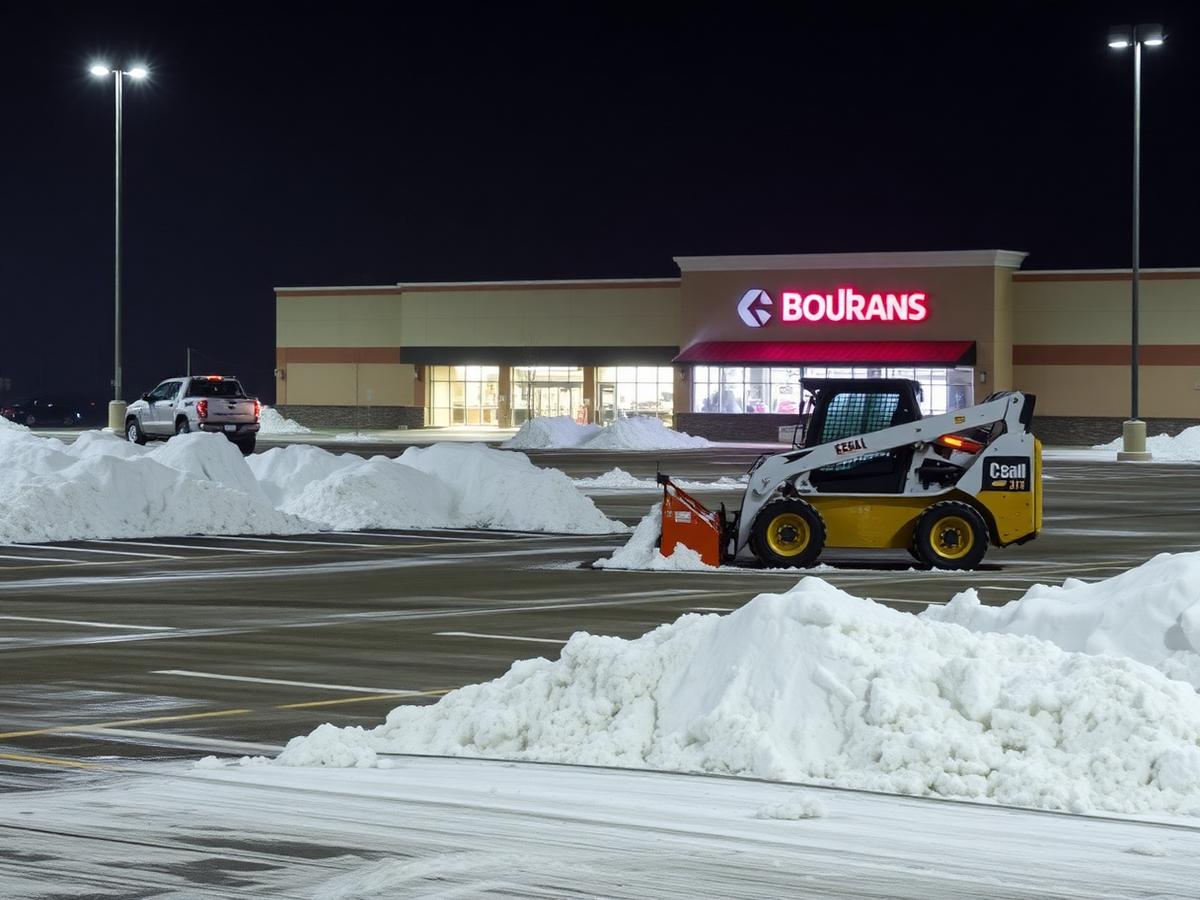 Commercial parking lot being plowed at night in Central Massachusetts