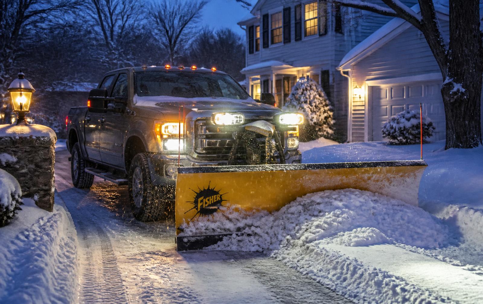 Plow truck clearing a snow-covered driveway in Central Massachusetts at dusk